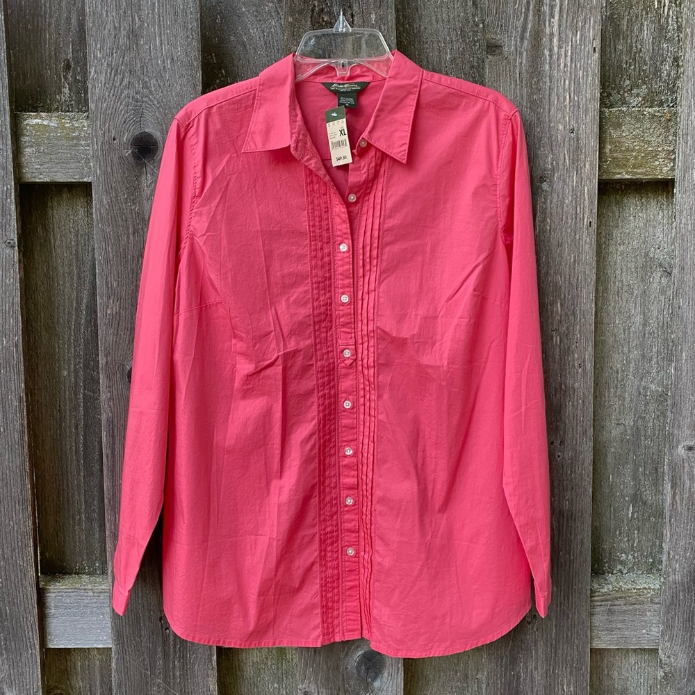Bright coral peach long sleeve button down shirt